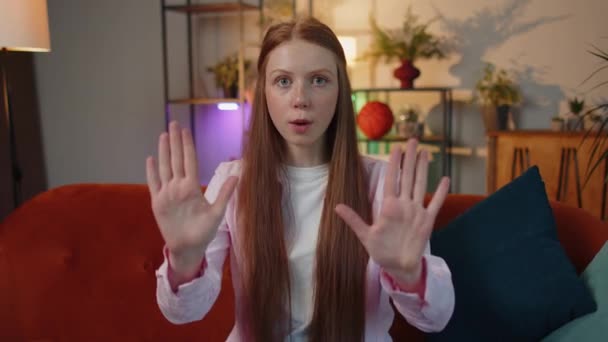 Stop Gesture Angry Redhead Child Girl Say Hold Palm Folded — Αρχείο Βίντεο