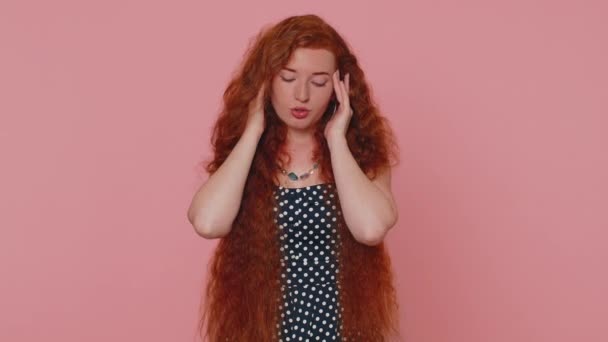 Redhead Sleepy Young Woman Dress Rubbing Temples Cure Headache Problem — Vídeos de Stock