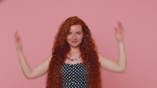Young Redhead Woman Playing Childish Catching Game Feeling Safe Making — Αρχείο Βίντεο
