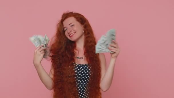 Redhead Young Woman Holding Fan Cash Money Dollar Banknotes Celebrate — Stockvideo