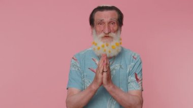 Please, God help. Senior man with flowers in gray-haired beard praying, looking upward and making wish, asking with hopeful imploring expression begging apology. Elderly grandfather on pink background