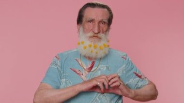 I love you. Smiling senior man with flowers in gray-haired beard makes heart gesture demonstrates love sign expresses good feelings and sympathy. Elderly grandfather isolated on pink studio background