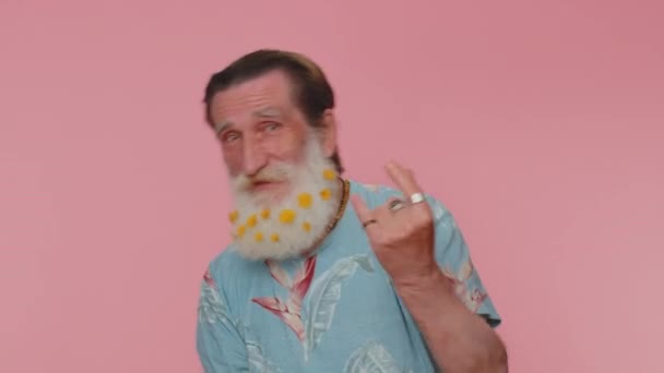 Rock Roll Overjoyed Delighted Senior Man Flowers Beard Showing Gesture — Vídeos de Stock