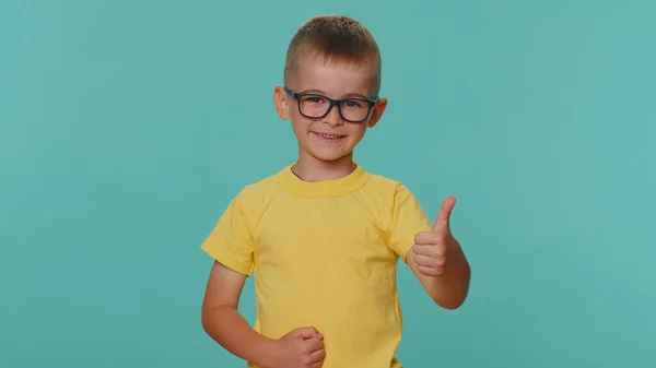 Happy Little Toddler Children Boy Raises Thumbs Agrees Something Gives — 스톡 사진