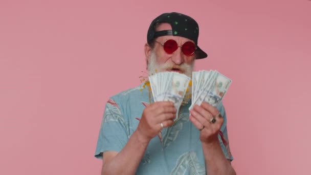 Rich Pleased Boss Senior Man Waving Money Dollar Cash Banknotes — Stok video
