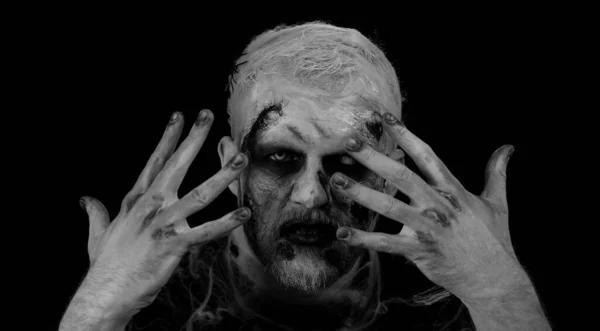 Uomo Raccapricciante Con Viso Sanguinante Cicatrici Halloween Elegante Trucco Zombie — Foto Stock