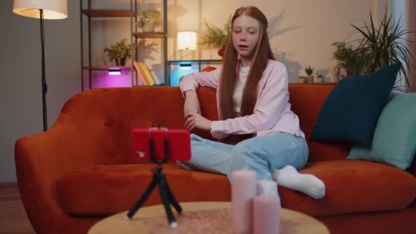 Young Redhead Child Girl Blogger Taking Selfie Smartphone Tripod Communicating — Wideo stockowe