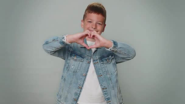 Boy Love Smiling Toddler Boy Jacket Makes Heart Gesture Demonstrates — Vídeos de Stock