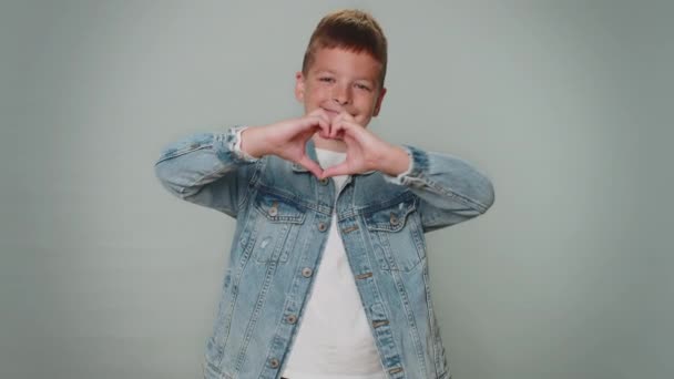 Boy Love Smiling Toddler Boy Jacket Makes Heart Gesture Demonstrates — Vídeo de Stock