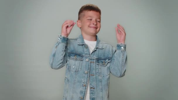 Cheerful Rich Toddler Boy Jacket Showing Wasting Throwing Money Hand — Stock videók