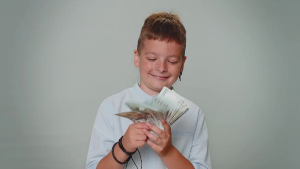 Toddler Young Boy Holding Fan Cash Money Dollar Banknotes Celebrate — Stock Video