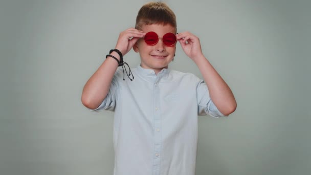 Portrait Seductive Cheerful Stylish Boy Wearing Sunglasses Charming Smile People — Vídeos de Stock