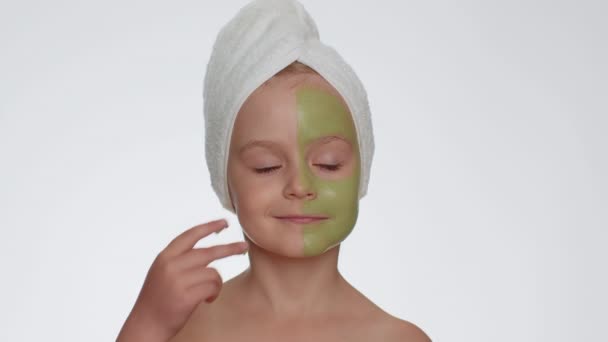 Beautiful Young Smiling Child Girl Towel Head Applying Cleansing Moisturizing — Video Stock