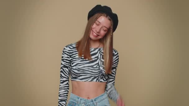 Portrait Happy Lovely Pretty Young Woman Black White Crop Top — Stockvideo