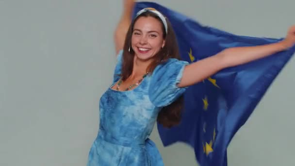 Lovely Pretty Young Woman Waving European Union Flag Smiling Cheering — Stock videók