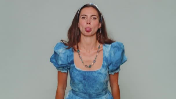 Cheerful Funny Bully Young Woman Dress Adult Girl Showing Tongue — Vídeo de stock