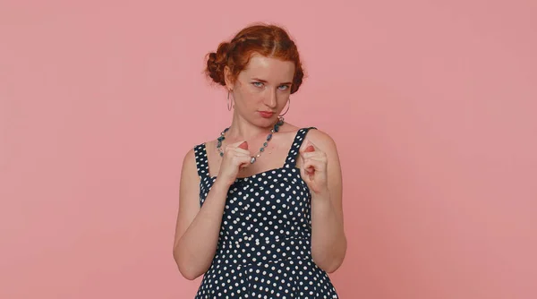Greedy Avaricious Redhead Young Woman Showing Fig Negative Gesture You — Foto Stock