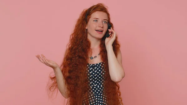 Smiling Young Redhead Woman Wearing Headset Freelance Worker Call Center — Foto Stock
