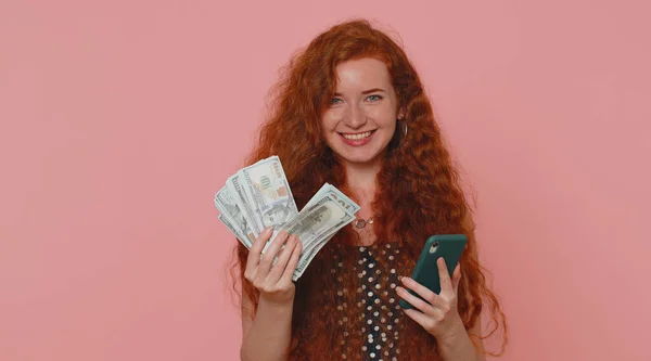 Happy Redhead Young Woman Looking Smartphone Display Sincerely Rejoicing Win — Stock Photo, Image