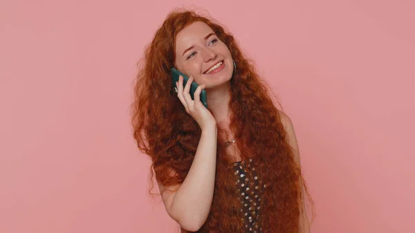 Redhead Young Woman Polkadot Dress Having Pleasant Mobile Conversation Using — Foto Stock