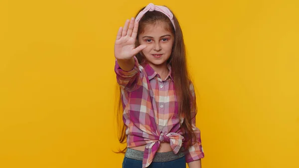 Stop Gesture Angry Young Preteen Child Girl Kid Say Hold — Stok fotoğraf