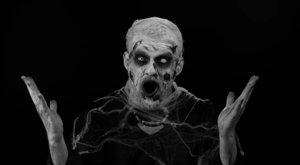 Mio Dio Wow Uomo Spaventoso Solo Con Halloween Zombie Trucco — Foto Stock