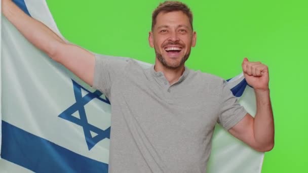 Bearded Handsome Young Man Shirt Waving Wrapping Israel National Flag — Video