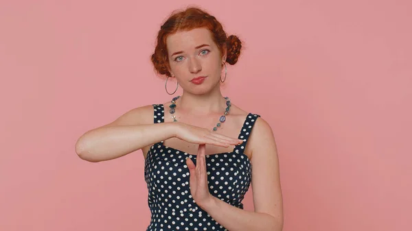 Time Out Tired Serious Upset Young Redhead Woman Dress Showing — Foto Stock