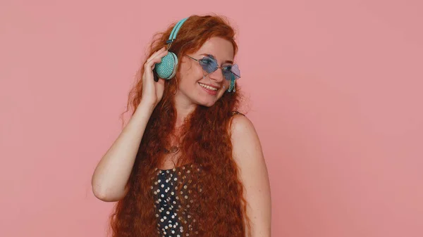 Young Redhead Woman Dress Listening Music Headphones Dancing Disco Fooling — 스톡 사진