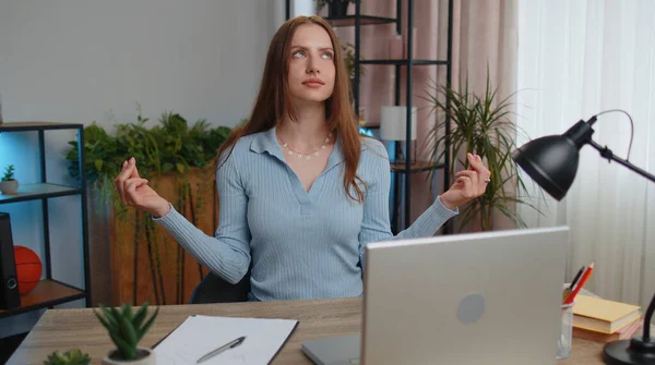 Tired Woman Freelancer Suffering Tension Migaine Headache Sitting Desk Home — 图库照片