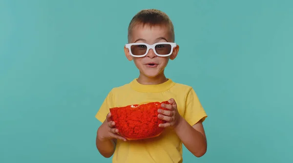 Joyful Toddler Children Boy Shirt Eating Popcorn Watching Comedy Movie — Stockfoto