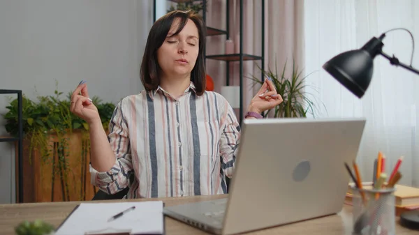 Tired Woman Freelancer Suffering Tension Migaine Headache Sitting Desk Home — 图库照片