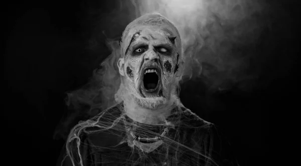 Gruseliger Mann Mit Blutigen Narben Gesicht Stylisches Zombie Make Halloween — Stockfoto