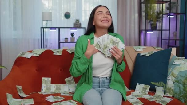 Successful Happy Rich Business Woman Girl Counting Money Cheering High — Stok video