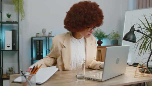 Thoughtful Focused Preoccupied Businesswoman Working Office Laptop Takes Documents Accidentally — Stockvideo