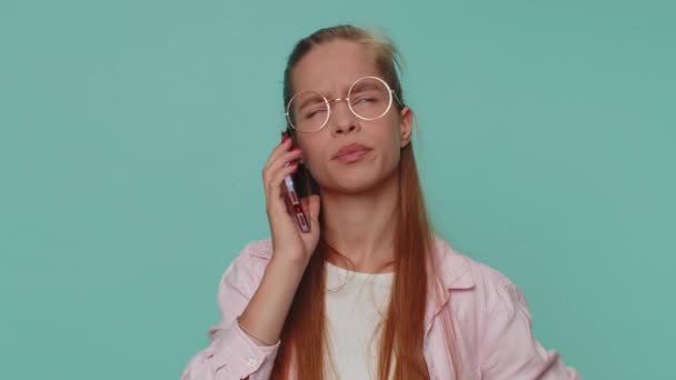 Tired Teenager Student Girl Making Online Conversation Speaks Smartphone Boring — Stockvideo