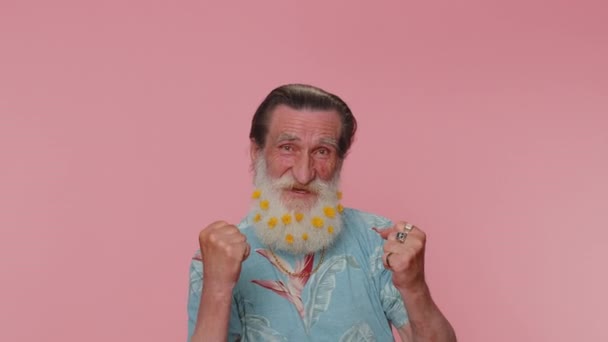 Happy Joyful Man Flowered Beard Shouting Raising Fists Gesture Did — Video Stock