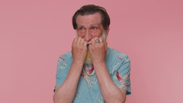 Upset Scared Frightened Senior Man Biting Nails Feeling Worried Nervous – Stock-video