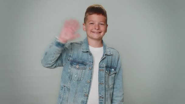 Handsome Toddler Boy Smiling Friendly Camera Waving Hands Gesturing Hello — Video