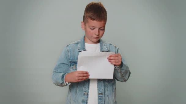 Boy Open Envelope Take Out Letter Reads Feel Happy Career — Vídeos de Stock