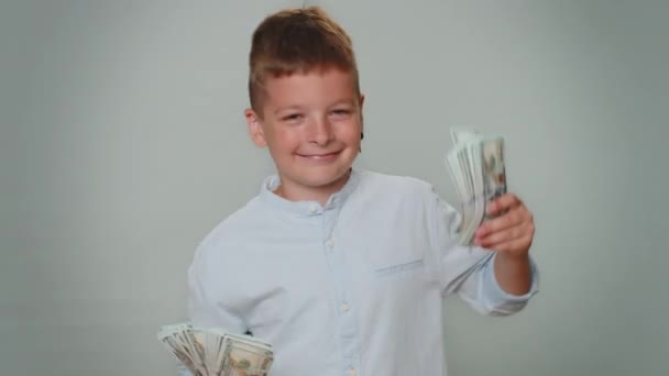 Toddler Young Boy Holding Fan Cash Money Dollar Banknotes Celebrate — Vídeos de Stock