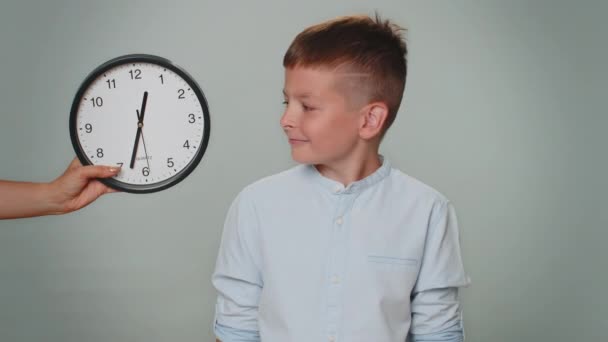 Portrait Toddler Kid Boy Anxiety Checking Time Clock Running Late — Stok video