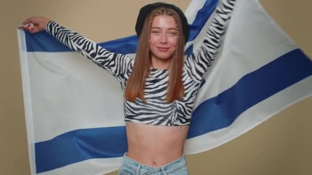 Lovely Pretty Young Woman Crop Top Waving Wrapping Israel National — Videoclip de stoc