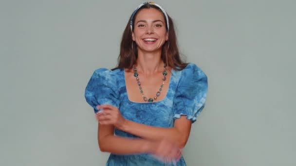 Portrait Happy Lovely Pretty Young Woman Blue Princess Dress Looking — Video Stock
