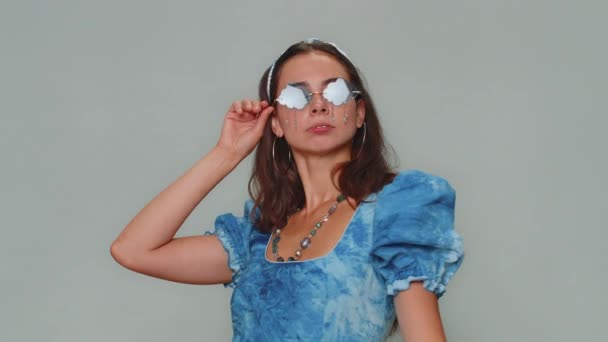 Portrait Seductive Pretty Young Woman Blue Princess Dress Wearing Sunglasses — Video Stock