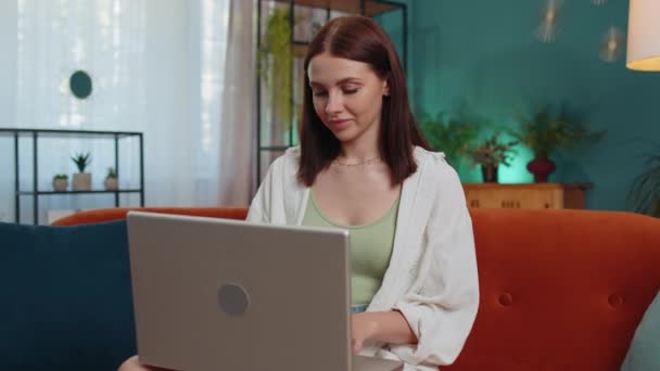 Portrait Girl Sitting Couch Closing Laptop Finishing Work Living Room — Stockvideo