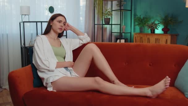 Portrait Sad Girl Lying Home Looks Pensive Thinks Life Concerns — Stockvideo