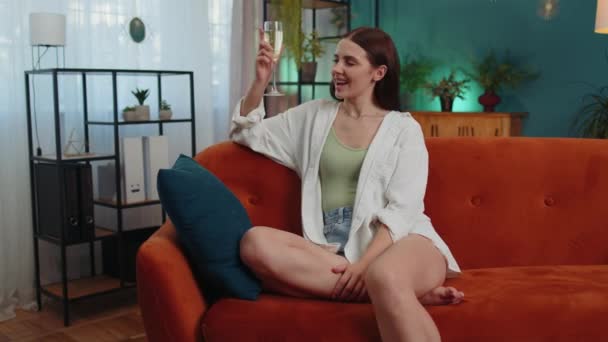 Joyful Caucasian Girl Hold Glass Champagne Cheering Drinking Celebrate Success — Video Stock