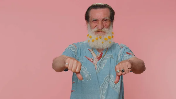 Upset Unhappy Senior Man Flowered Beard Showing Thumbs Sign Gesture — Photo