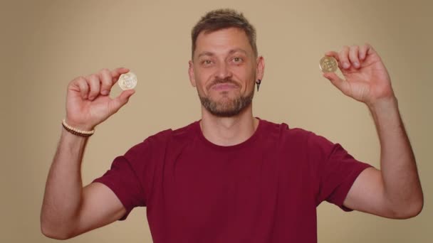 Bearded Handsome Young Man Showing Golden Bitcoins Achievement Career Wealth — Stock videók